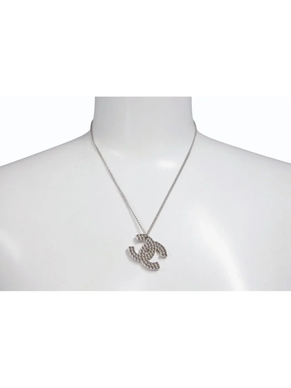 Chanel CC Logo Perforated Necklace Metal Silver